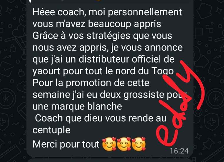 Capture d'un message WhatsApp annonçant un distributeur officiel de yaourt pour le nord du Togo